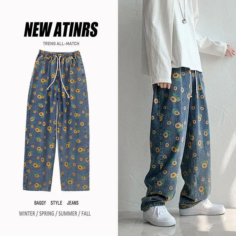 Flower Straight Jeans Men's Fashion Retro Drawstring Jeans Pants Men Streetwear Loose Hip-hop Denim Trousers Mens M-2XL Flower Straight Jeans Men's Fashion Retro Drawstring Jeans Pants Men Streetwear Loose Hip-hop Denim Trousers Mens M-2XL