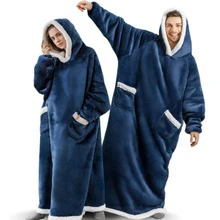 

Winter Warm Women Extra Long TV Hooded Blanket Sofa Cozy Plaid Pocket Fleece Adults Kids Bathrobe Oversized Outwear