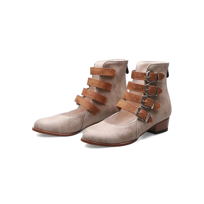 Новая женская обувь, ботинки ботильоны, сандалии женские в римском стиле с круглым носком черные, бежевые, коричневые ботинки Большие размеры 34-43 - Цвет: Beige