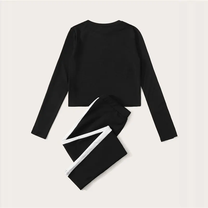 ROMWE, контрастная неоновая футболка и леггинсы, комплект из 2 предметов, женские костюмы, Спортивная рубашка с длинным рукавом, осенний Женский комплект