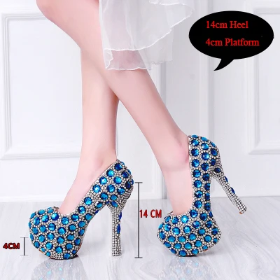 Blue 14cm Heel Туфли-лодочки на платформе; свадебные туфли; Цвет зеленый, синий, розовый; женские туфли со стразами на высоком каблуке для невесты; вечерние стразы; слипоны с круглым носком - Цвет: Blue 14cm Heel