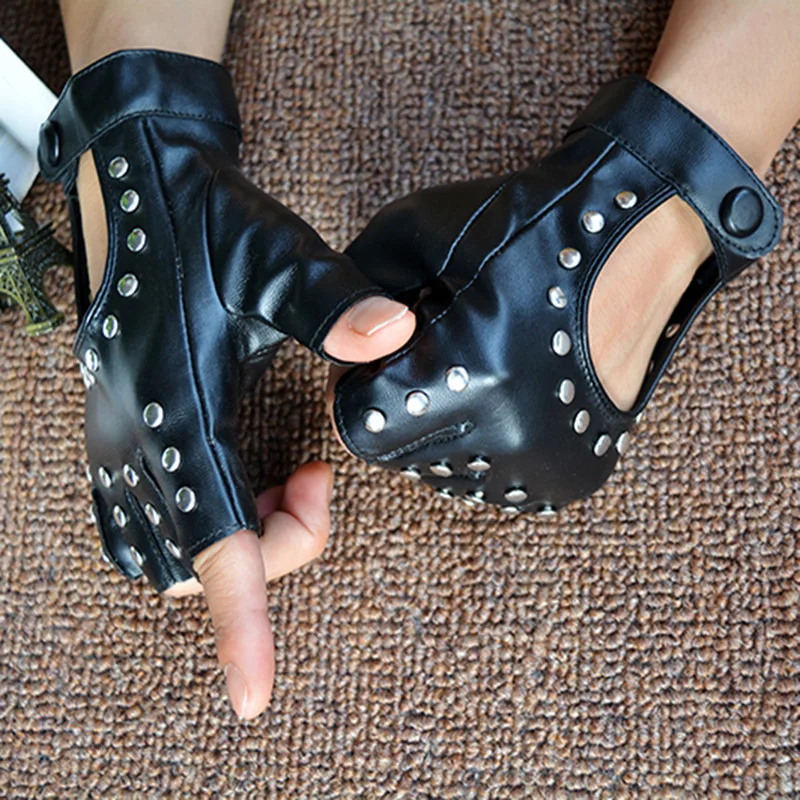 1 Pair Halloween Black Pu Leather Fingerless Gloves Female Half Finger Driving Women Fashion Punk Gloves Dance Rivets Gloves ► Photo 2/6