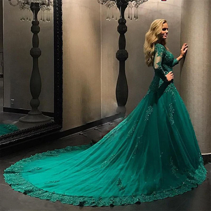 Green Evening Dress Long Sleeve Ball Gown Lace Appliques Beads Evening Party Dress Plus Size Prom Gowns abiye gece elbisesi