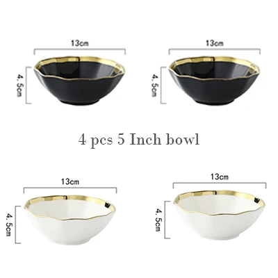 4pcs 5Inch bowl Белый черный Золотой обод керамическая тарелка фарфоровые тарелки для закуски Роскошные говядины десерт лоток миска для рисового супа ложка набор посуды - Цвет: 4pcs 5Inch bowl