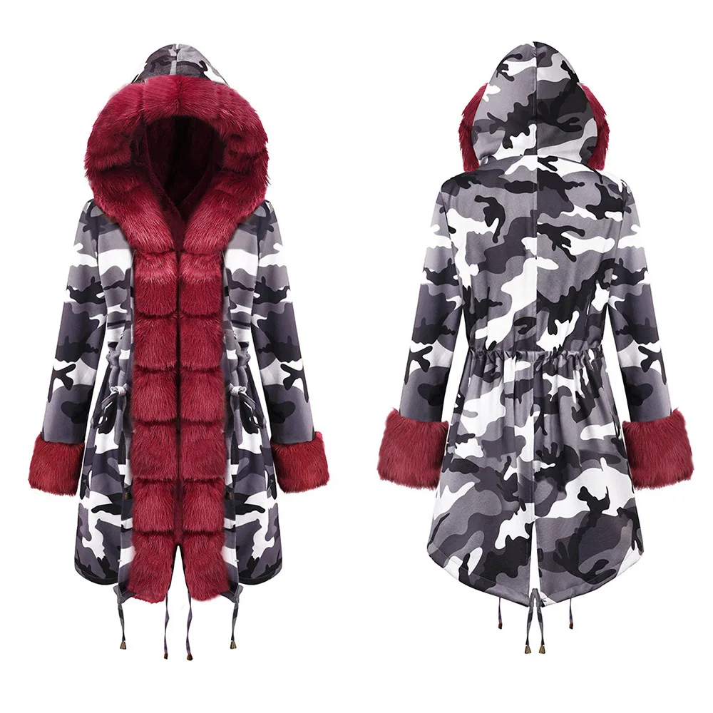 Зимнее женское пальто из искусственного меха, повседневное длинное плотное теплое меховое пальто с капюшоном, женские меховые куртки, камуфляжное пальто, хлопковая верхняя одежда