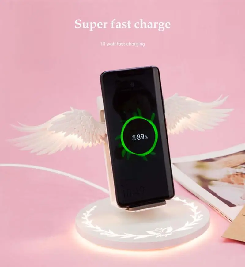 

Newest Wireless Charging Dock 10W Angel Wings Fast Charger for iPhone X XS Huawei Samsung for Xiaomi Mi9 Mobile Phone Holder Pad