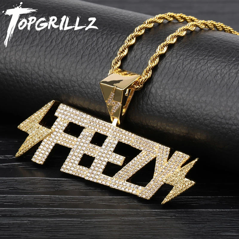 

TOPGRILLZ FEEZY Letters Lightning Pendants Necklace Micro Paved AAA Cubic Zirconia Bling Ice Out HIP HOP for Men Rapper Jewelry