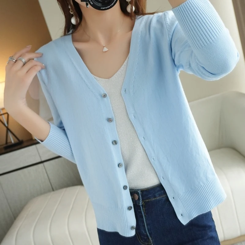 Spring Autumn New V-Neck Knitted Cardigan Women's Loose Large Size