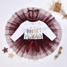 My 1st Christmas/комплекты одежды для новорожденных девочек, комбинезон с длинными рукавами и буквенным принтом, юбка-пачка в сеточку, повязка на голову