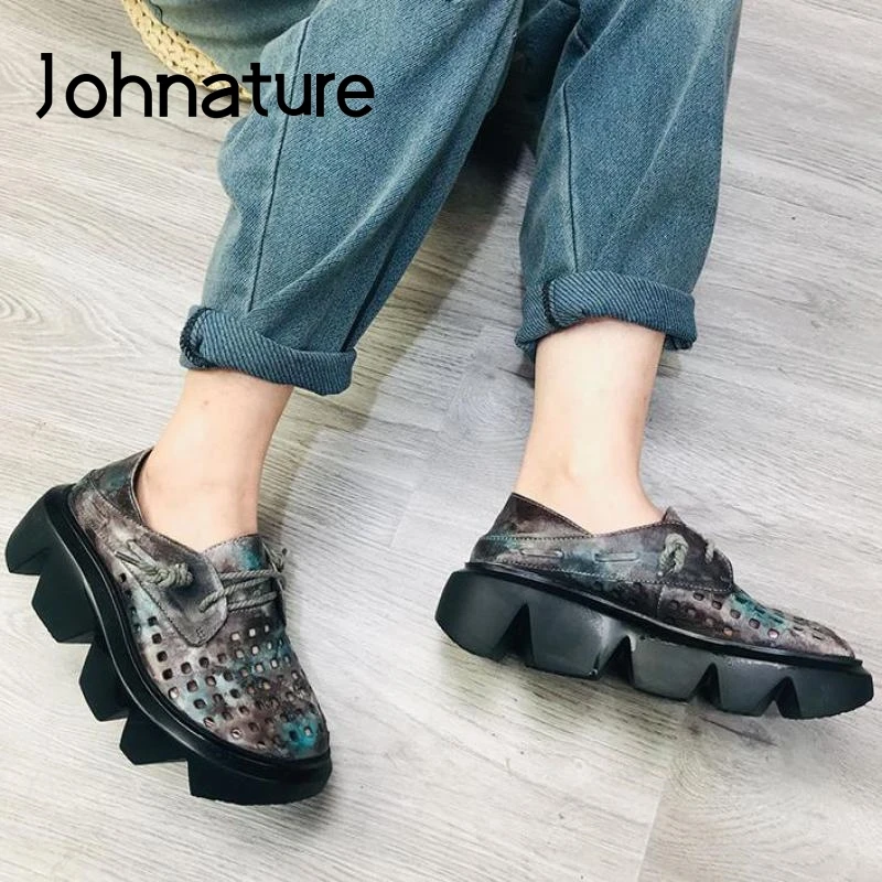 Женские босоножки на шнуровке Johnature повседневные из натуральной кожи танкетке в