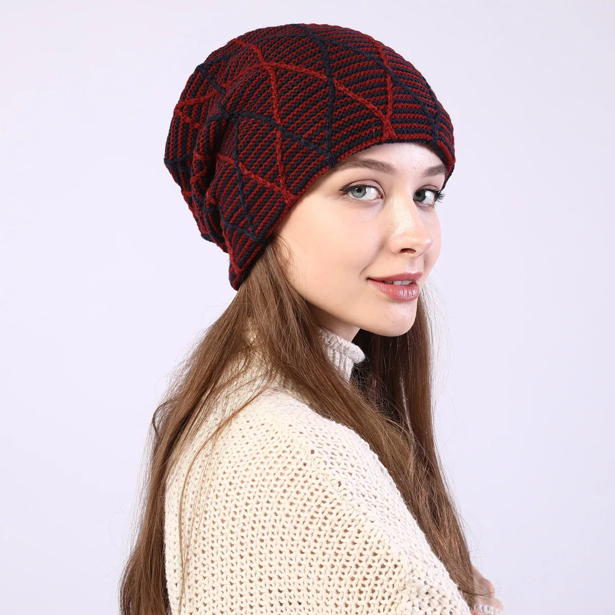OMEA Diamond Plaid Knitted Beanie Hat for Women Beanies for Ladies Winter Skullies Hat Adjustable Pullover Plus Velvet Beanies