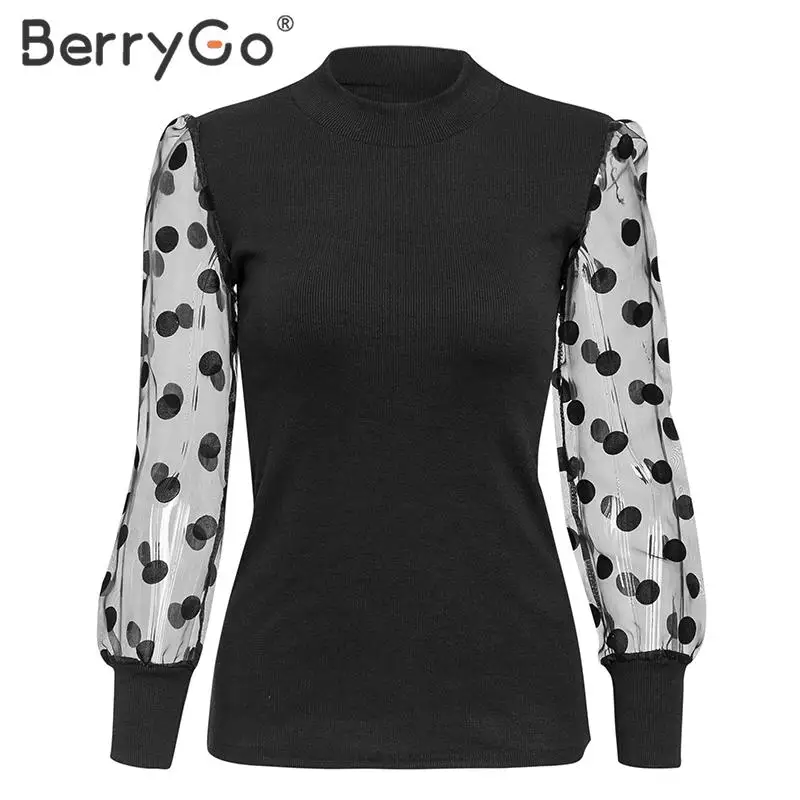 Черный BerryGo, Лоскутная, в горошек, вязанная блузка для женщин, вечерние, Клубные, тонкие, с пышными рукавами, женские топы, элегантные, Осень-зима, женские топы, рубашка - Цвет: Черный