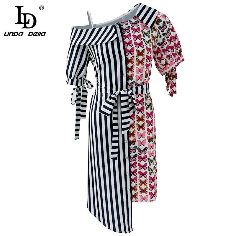 

LD LINDA DELLA Runway Fashion Summer Autumn Asymmetrical Dress Women's Short Sleeve Striped Printed Bow Tie Vintage Mini Dresses