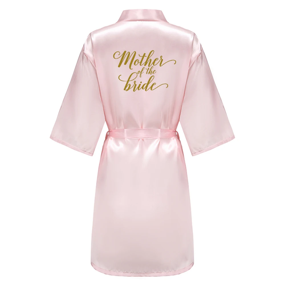 Wedding Party Bridesmaid Maid of Honor Robe With Gold Writing Letter Women Lady Pink Satin Bathrobe Kimono S-4XL