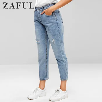 

ZAFUL Distressed Five Pockets Jeans Ripped Women Harem Boyfriend Trouser Ladies Five Pockets Skinny Jeans Loose High Waist Pants