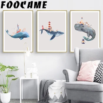 

Cartoon Lighthouse Whale Baby Room Decoration Poster Nursery Modern Nordic Pictures Abstract Wall Art Print Canvas Painting