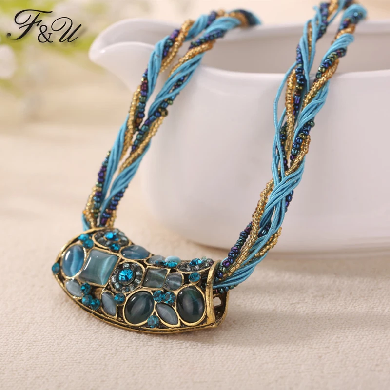 

F&U Retro Bohemia Style Necklace Multilayer Beads Chain Crystal Grain Sector Colorful Resins Stick Shape Pendant Necklace
