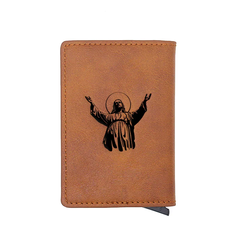 

Vintage Jesus Design RFID Aluminium Leather Small Wallet Classic Men Women Mini Short Money Bag