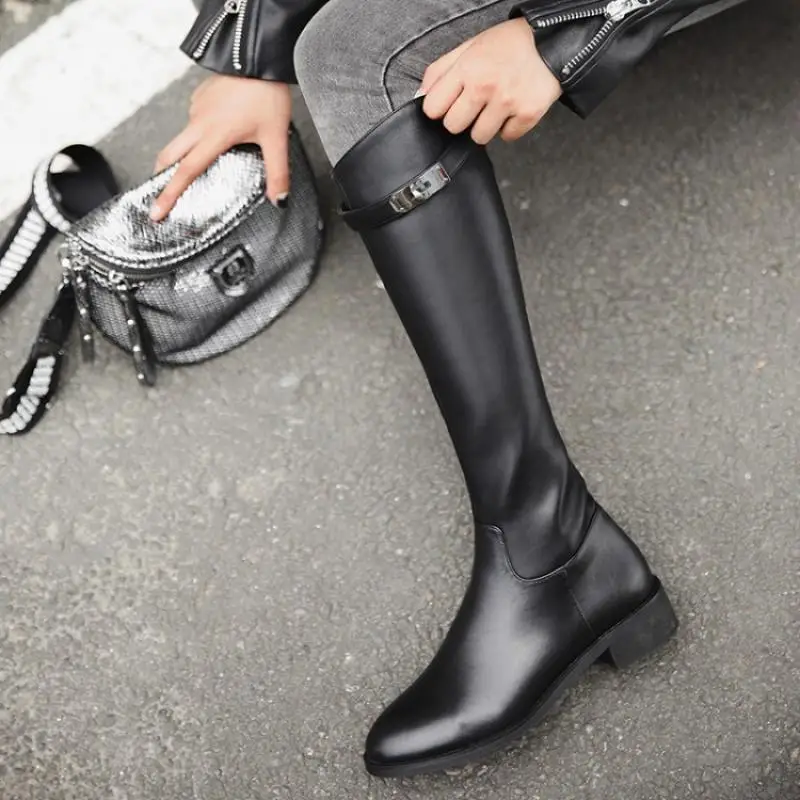 black Buono Scarpe/Брендовые женские сапоги из натуральной кожи с металлическим замком; кожаные высокие сапоги с ремешком; Botas Mujer; женские сапоги для верховой езды с круглым носком; Новинка года - Цвет: black