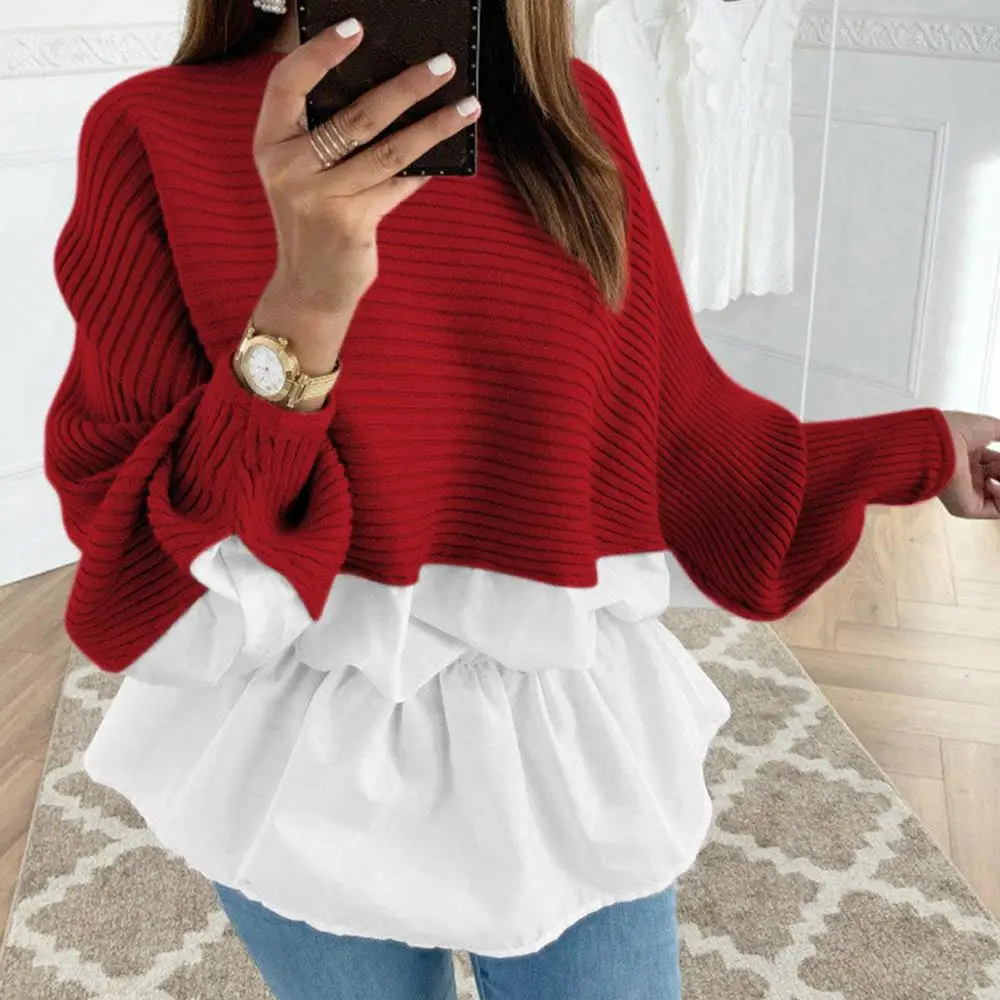 Зимний модный вязаный джемпер с оборками, свитер в стиле пэчворк, свободная рубашка, Повседневная Уличная Женская одежда с длинным рукавом, Blusas пуловер - Цвет: Red