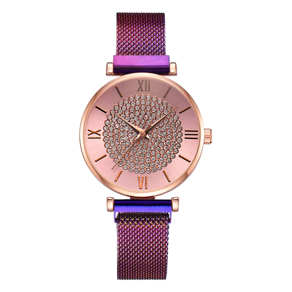 Модные женские часы-браслет фиолетовые сетчатые Женские кварцевые наручные часы Звездное небо Lucky магнит для женщин Роскошные часы Reloj Mujer