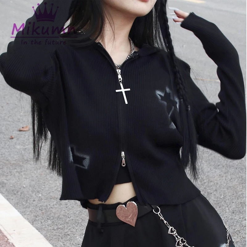Gothic Dark Black Knitted Cardigan Rock Punk Cross Print Autumn Long Sleeve Zipper Slim Sweater Female Streetwear |