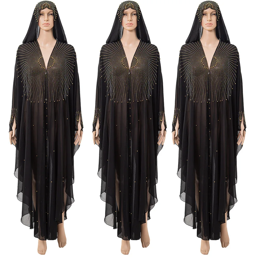 

Muslim Black Kaftan Abayas Chiffon Bat Sleeve Diamonds Dubai Middle East Africa Ramadan Women's Caftan Hijab Dress Islamic Cloak