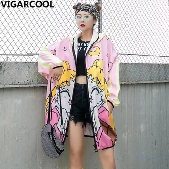 

Tide brand 2020 spring autumn new foreign style sweet cartoon beautiful girl printing long coat loose large size thin coat women