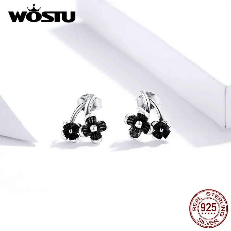 WOSTU, Новое поступление,, настоящее 925 пробы, серебряные, черные, с цветами, серьги, горячая мода, изготовление, свадебные украшения, FIE795
