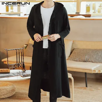 

INCERUN Autumn 2020 Men Casual Solid Long Sleeve Hooded Long Trench Jackets Retro Fashion Buckle Couple Dress Outerwear Hoodie 7
