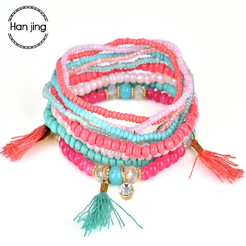 Ethnic Bohemian Tassel Beach Charm Bracelets For Women Boho Multilayer Beads Crystal Beaded Jewellery Bracelet Set Femme 2019