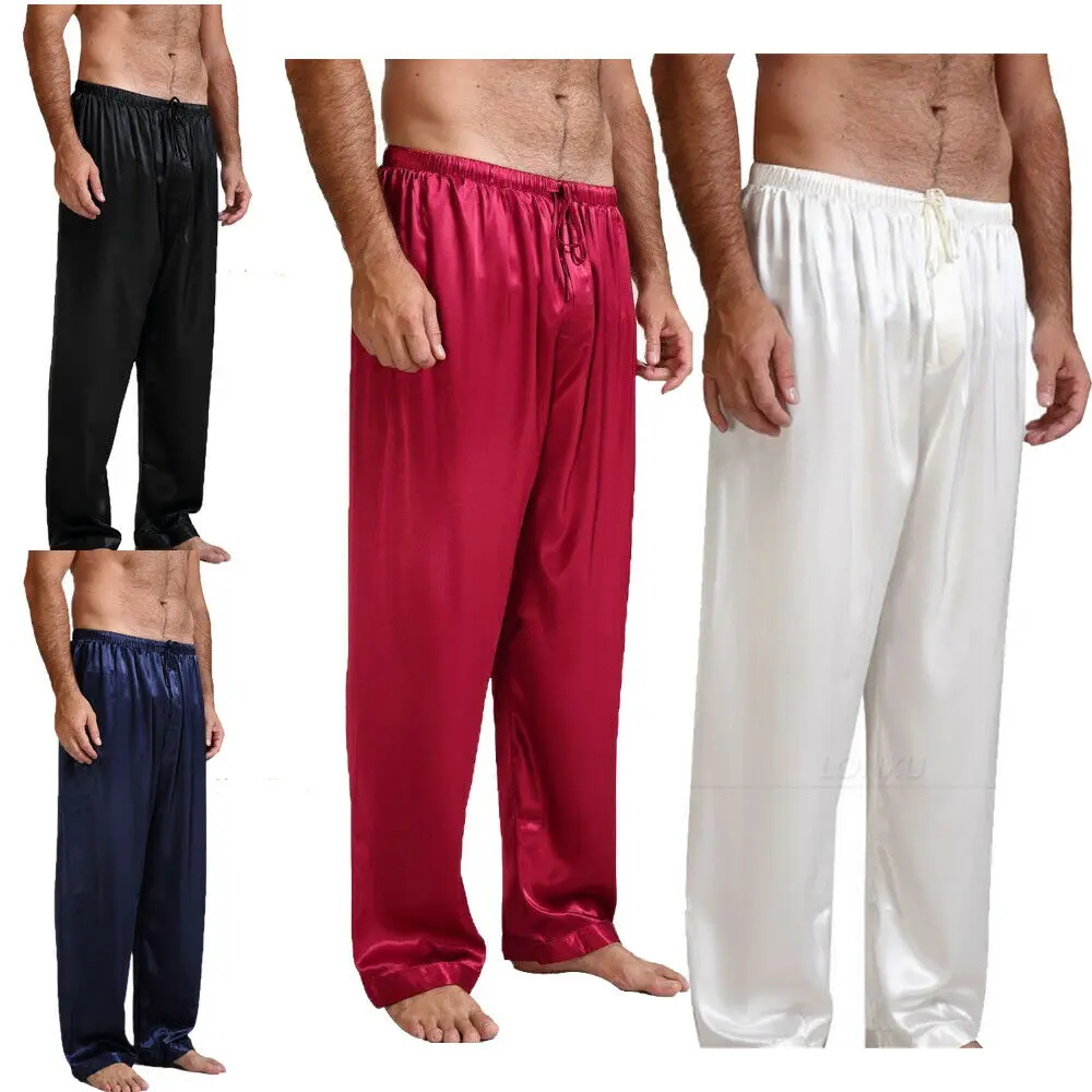 Mens Loose Sleep Bottoms Nightwear Sleepwear Bath Pajamas Satin Silk Long Lounge Pants Pyjamas NEW