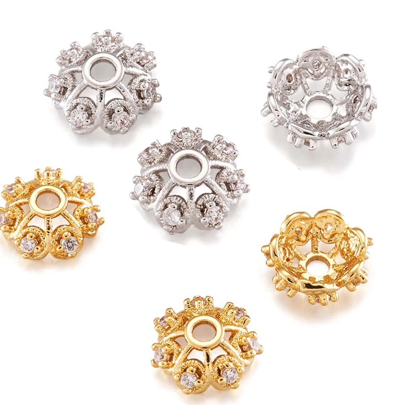 30pcsBrassCrystalCubicZirconiaFlowerBeadCapsRealGoldPlated