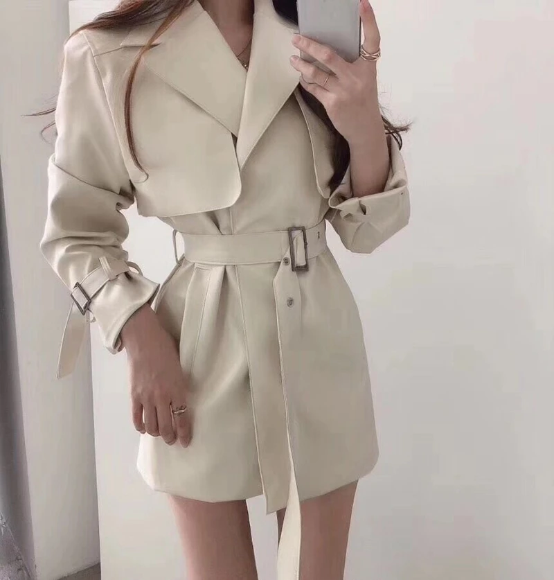 RealShe, элегантное женское пальто, с отворотом, с длинным рукавом, длинные пальто и куртки, для женщин, весенняя, повседневная, модная, с поясом, кожаная куртка для женщин