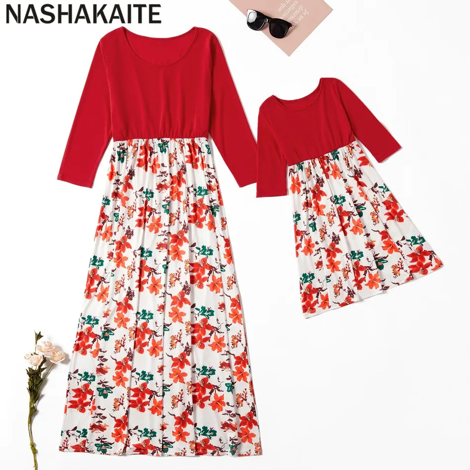 NASHAKAITE/платья для мамы и дочки; Сезон Зима; однотонные однобортные Платья с цветочным принтом; одежда для всей семьи - Color: Red