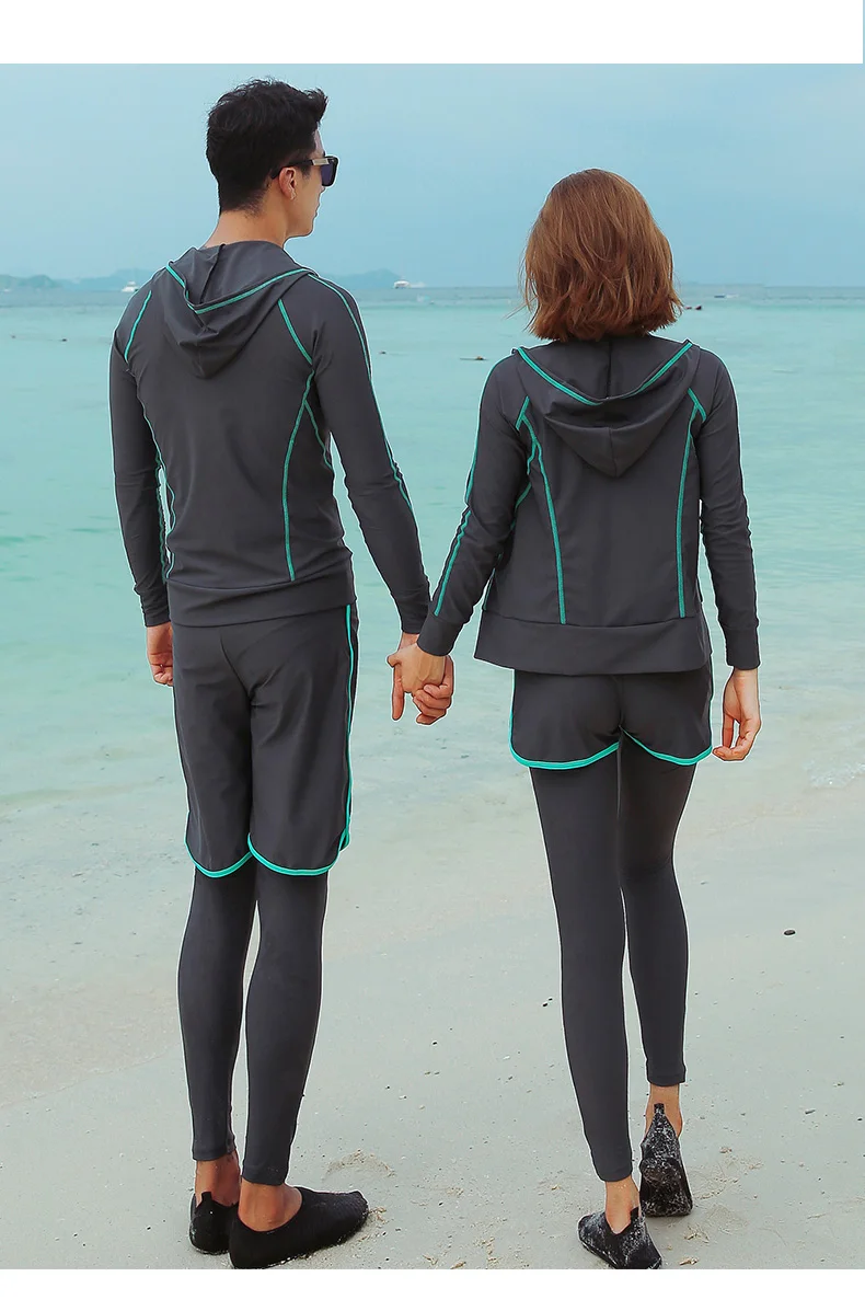 Парные Rashguard серые женские 5 штук Купальники спортивный костюм куртка на молнии с длинными рукавами шорты Мужская пляжная одежда спортивный костюм