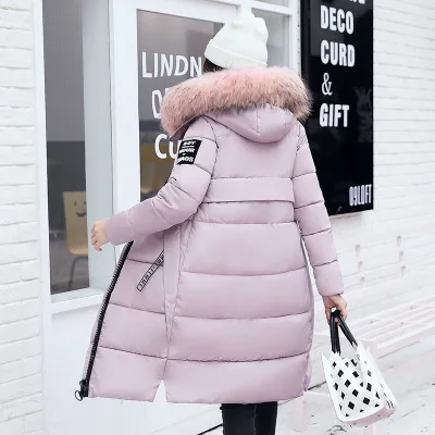 Модное пуховое пальто с буквенным принтом для женщин, зимнее плотное длинное теплое приталенное пуховое пальто с капюшоном, верхняя одежда на молнии с длинным рукавом для девушек, воротник из искусственного меха - Цвет: pink