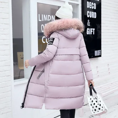 pink Модное пуховое пальто с буквенным принтом для женщин, зимнее плотное длинное теплое приталенное пуховое пальто с капюшоном, верхняя одежда на молнии с длинным рукавом для девушек, воротник из искусственного меха - Цвет: pink