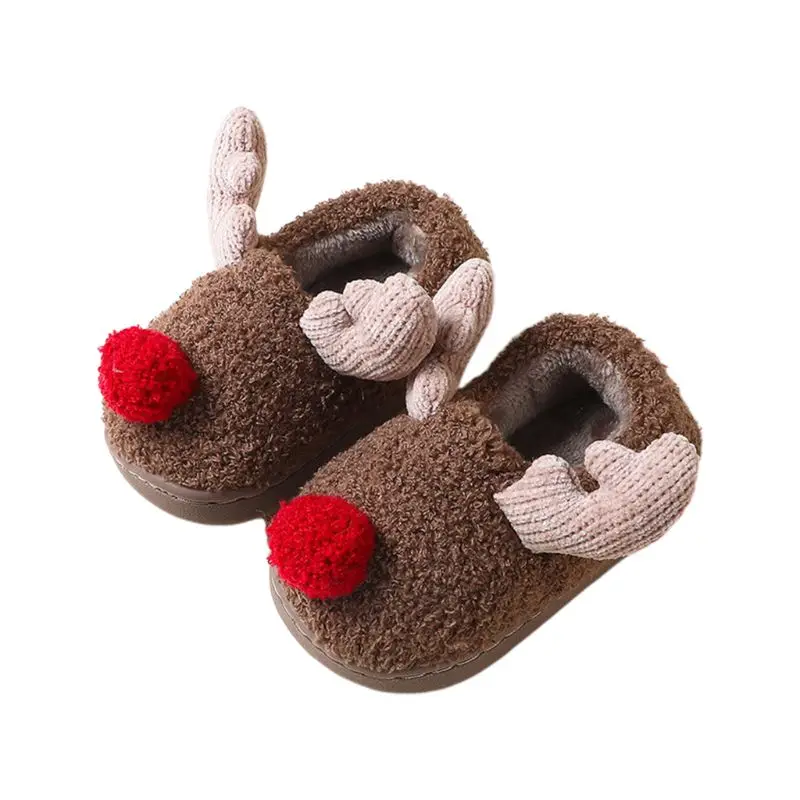 

Plush Kids Baby Cute Christmas Antlers Slippers Shoes Winter Plush Lined Foot Warmer Non-slip Bottom 4 Color