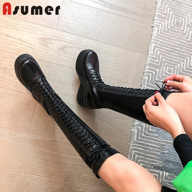 Asumer/Новинка года; сапоги до колена; женские сапоги из натуральной кожи на танкетке с круглым носком; модная женская обувь в стиле панк; сезон осень-зима