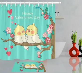 

Valentine Love Hearts Birds Waterproof Fabric Shower Curtain Set