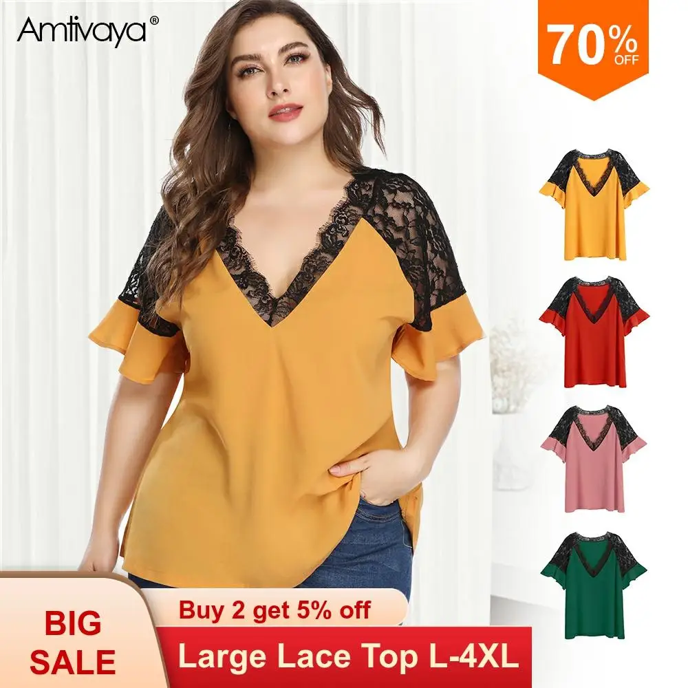 

Amtivaya V-Neck Lace Patchwork Women Tops Plus Size 3XL 4XL Short Flare Sleeve Casual Femme Summer Ruffles Tees