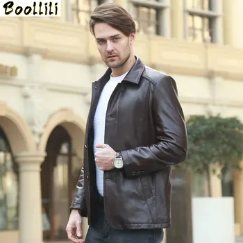 

Boollili Mens Leather Jacket Real Sheepskin Jacket for Men Turn-down Collar Solid Casual Loose men's Jacket