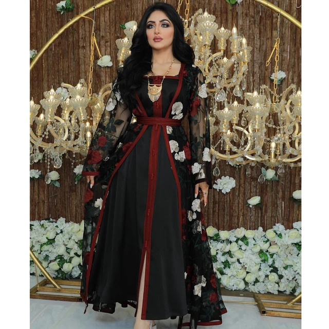 AB035 Dress Combination Abaya Woman Black Flower Embroidery Lace Muslim 2 Piece Set Female Jalabiya Arabic Kaftan With Inner 5