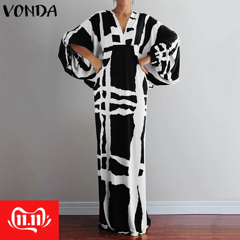 

VONDA Vintage Long Maxi Dress 2019 Autumn Sexy V Neck Long Sleeve Printed Dresses Femme Loose Sundress Casual Bohemian Vestidos