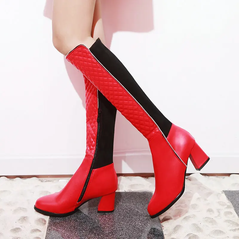 Женские удобные сапоги до колена на квадратном каблуке модные ботинки женская обувь с острым носком разноцветные Осень зимняя обувь