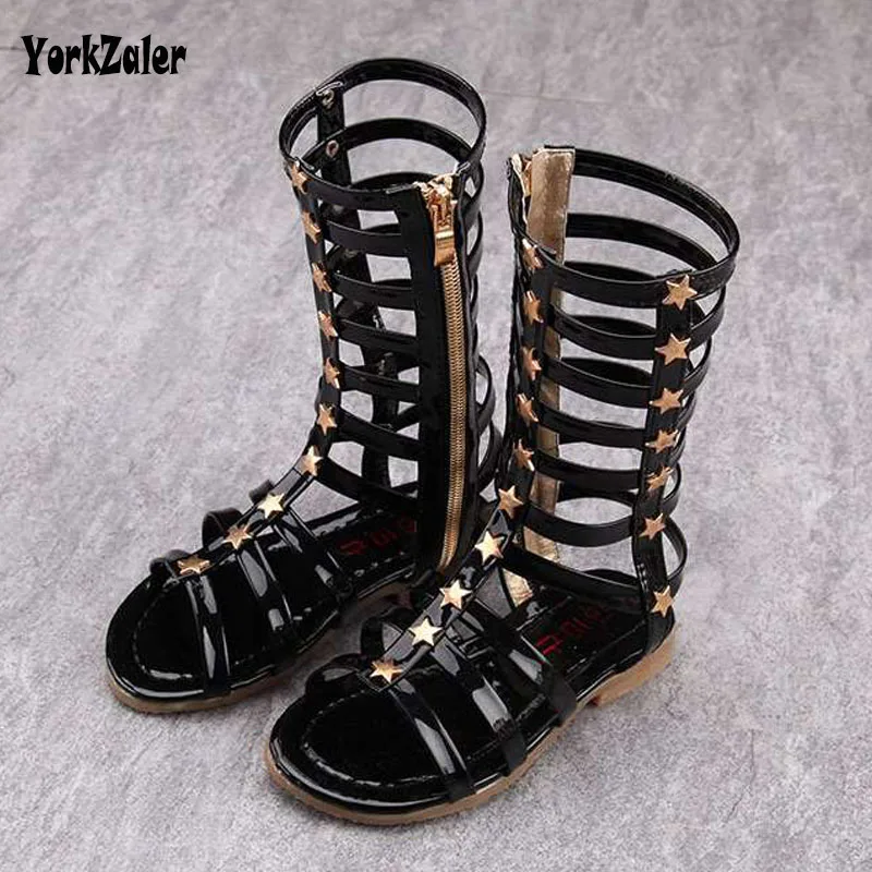 

2018 Summer 3 Colors Baby Girl Cut-Outs Hollow Roman Sandals Children Knee Boots Gladiator Kid Flat Glitter Star Zipper PU Shoes