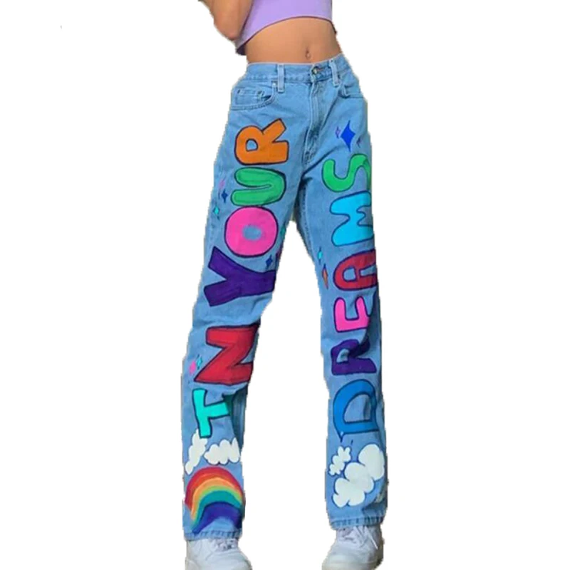 Pantalones vaqueros de pierna recta con estampado de letras para mujer, Vaqueros holgados informales de cintura alta, vaqueros de pierna ancha azules