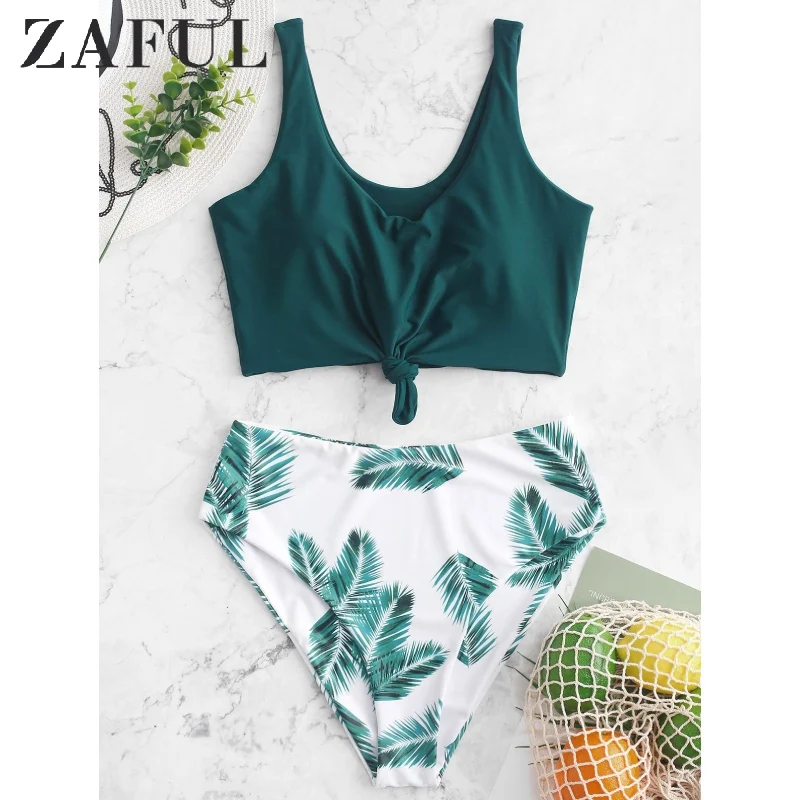 ZAFUL Leaf Print Knot Mix And Match Tankini Swimsuit High Waisted Tank Top Suits Padded 2020 Tropical Elastic Two Piece | Женская одежда