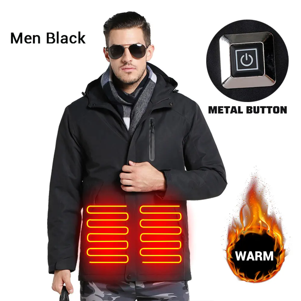 Мотоциклетная куртка с USB инфракрасным электрическим подогревом, водонепроницаемая зимняя теплая одежда для мужчин и женщин, мотоциклетный Электрический жилет с капюшоном - Цвет: Men Black